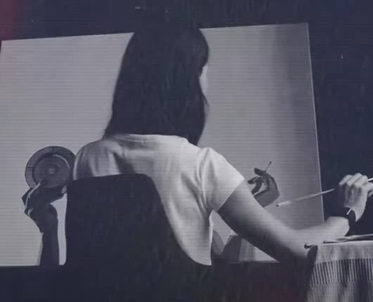 Valeriya painting at an easel, captured in black and white